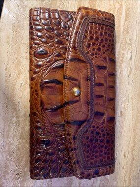 Brahmin Checkbook Cognac Croc-Embossed Pecan Brown Leather Continental Wallet